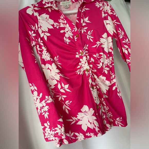 Majora Vibrant Pink Floral Women's button down gathered rouched Blouse size S - Picture 4 of 4